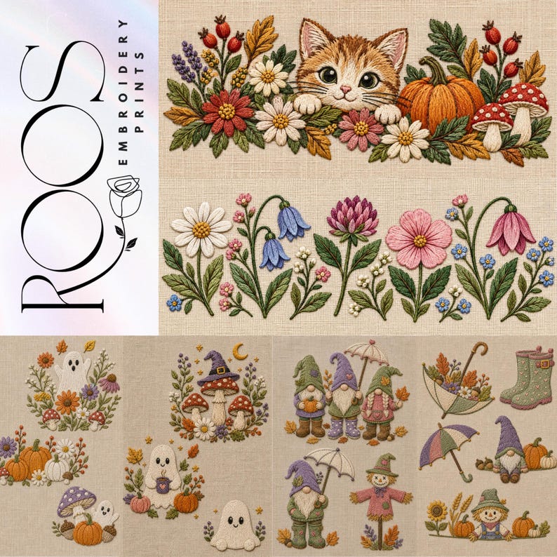 May include: A collection of embroidery prints featuring a kitten peeking through autumn flowers, pumpkins, and mushrooms, alongside various seasonal motifs including ghosts, gnomes, scarecrows, umbrellas, and boots on a beige fabric background.