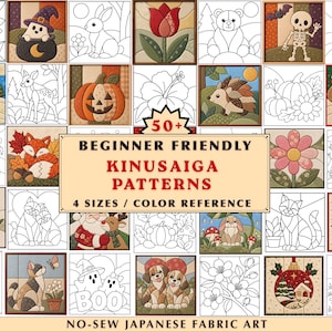May include: A collection of 50+ beginner friendly Kinusaiga patterns for no-sew Japanese fabric art. The grid displays various seasonal designs including ghosts, pumpkins, animals, flowers, and holiday themes with 4 sizes and color references.