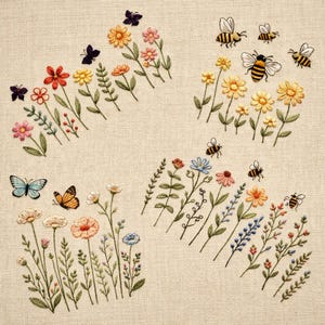 May include: Embroidered floral design featuring colorful flowers, green stems, butterflies, and bees. The flowers include red, pink, yellow, and blue blooms. The butterflies are in shades of blue, orange, and black.