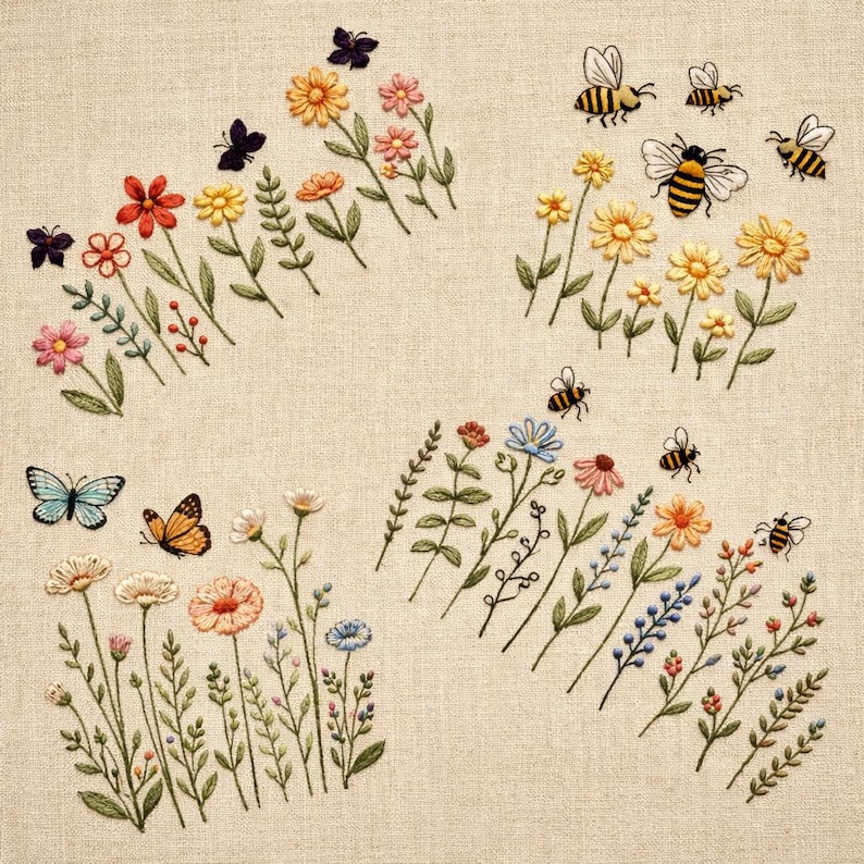 May include: Embroidered floral design featuring colorful flowers, green stems, butterflies, and bees. The flowers include red, pink, yellow, and blue blooms. The butterflies are in shades of blue, orange, and black.