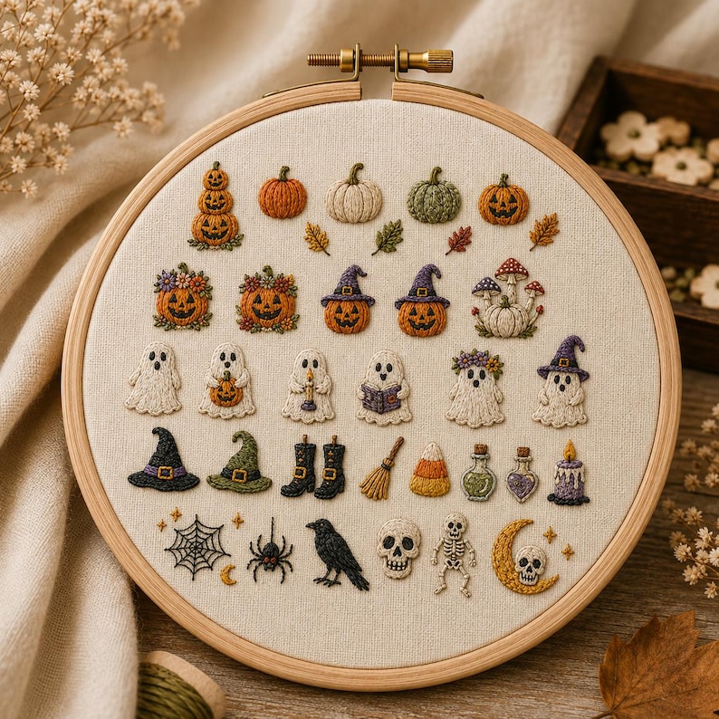 May include: A round wooden embroidery hoop containing off-white fabric with various hand-stitched Halloween motifs including pumpkins, ghosts, witch hats, a spider web, a black crow, a skull, a skeleton, and a crescent moon with a skull.