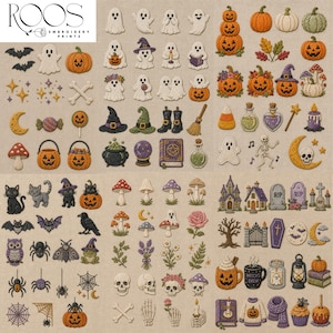 May include: A collection of embroidered Halloween-themed patches featuring ghosts, pumpkins, skulls, bats, spiders, mushrooms, and witchy items like cauldrons, spellbooks, and potions. The set includes various seasonal icons on a neutral fabric background.