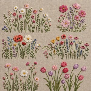 May include: Embroidered floral designs featuring various flowers in shades of pink, red, yellow, and purple. The flowers include daisies, tulips, and other wildflowers, all stitched on a neutral fabric background. The embroidery showcases detailed textures and vibrant colors.