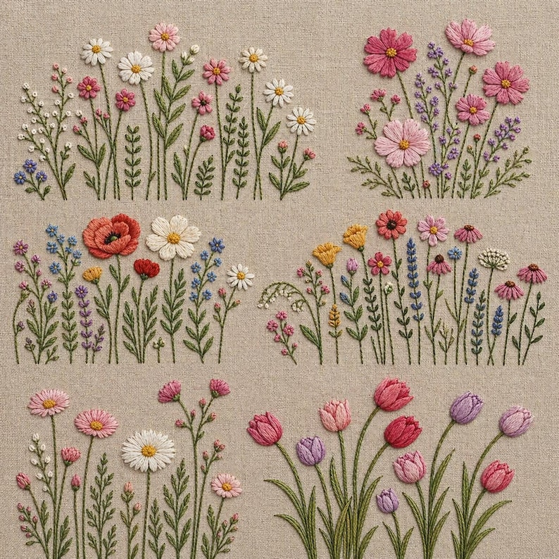 May include: Embroidered floral designs featuring various flowers in shades of pink, red, yellow, and purple. The flowers include daisies, tulips, and other wildflowers, all stitched on a neutral fabric background. The embroidery showcases detailed textures and vibrant colors.