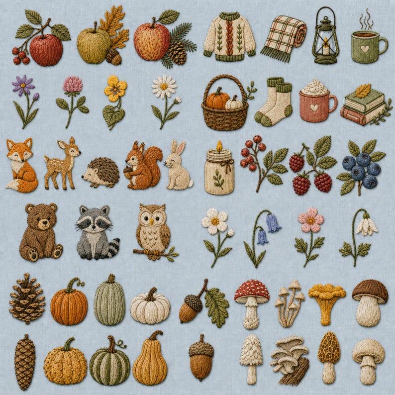 May include: A collection of embroidered patches featuring autumn themes including apples, pumpkins, woodland animals like foxes and owls, mushrooms, pinecones, flowers, cozy sweaters, mugs, and books arranged on a light blue fabric background.