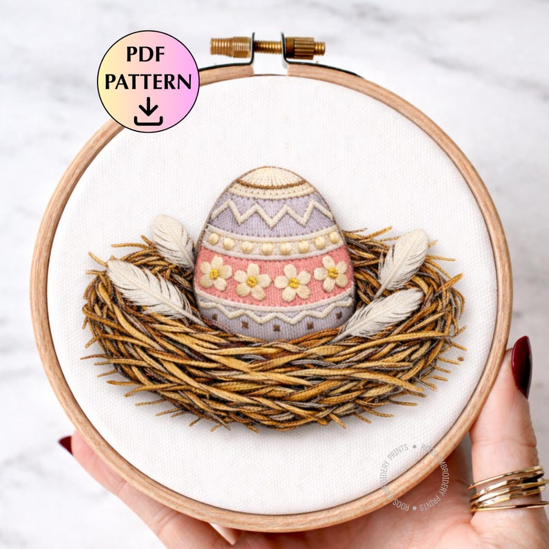 Easter Egg in Nest Embroidery Pattern, Rustic Spring Stitch PDF ...