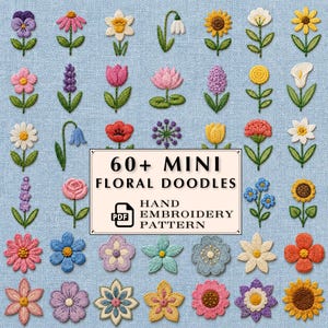Puede incluir: Una colección de más de 60 mini patrones de bordado floral. La imagen presenta varias flores bordadas de colores, incluyendo pensamientos, margaritas y girasoles, dispuestas sobre un fondo de tela azul claro. El texto central dice "60+ MINI FLORAL DOODLES HAND EMBROIDERY PATTERN".