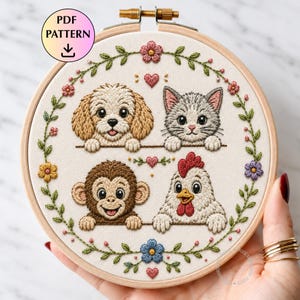 Handbroderimönster för djur i PDF-format, handstygn med blommor, mall för botanisk blommig design, mönster för kattvalp, kyckling och apa, dekoration för stuga och barnrum
