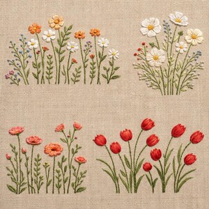 May include: Embroidered floral designs on a beige fabric. The image features four distinct floral arrangements: daisies, orange flowers, and red tulips. The flowers are stitched with various colors of thread, creating a textured and detailed appearance.