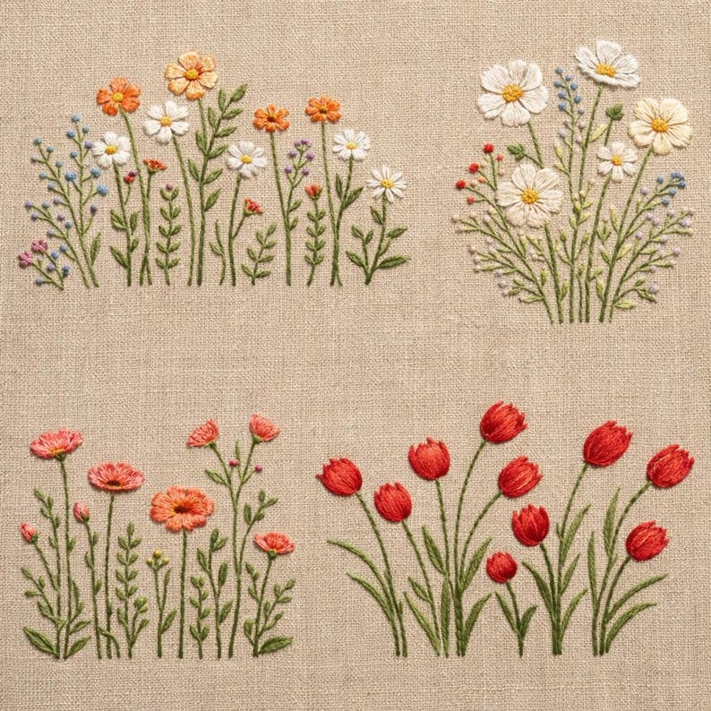 May include: Embroidered floral designs on a beige fabric. The image features four distinct floral arrangements: daisies, orange flowers, and red tulips. The flowers are stitched with various colors of thread, creating a textured and detailed appearance.