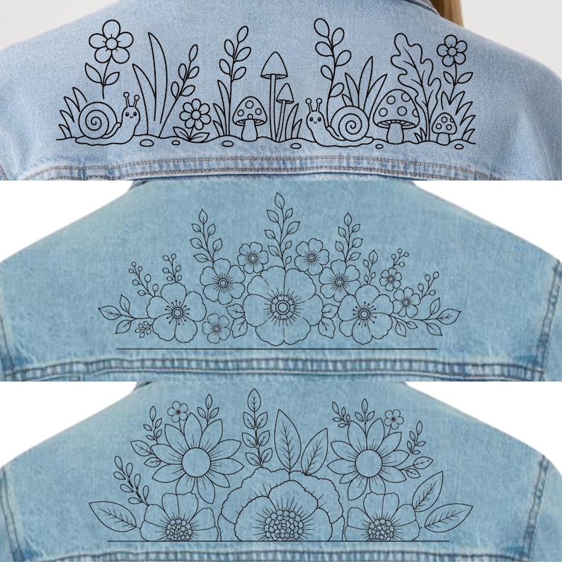 May include: A light blue denim jacket featuring three distinct back designs in black line art. The top design shows snails, mushrooms, and flowers. The middle design displays a floral arrangement. The bottom design features large flowers and leaves.