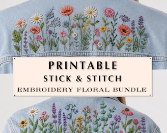 May include: Light blue denim jacket with embroidered floral design. The embroidery features a variety of colorful flowers, including daisies, poppies, and lavender. The text "PRINTABLE STICK & STITCH EMBROIDERY FLORAL BUNDLE" is displayed on the jacket.