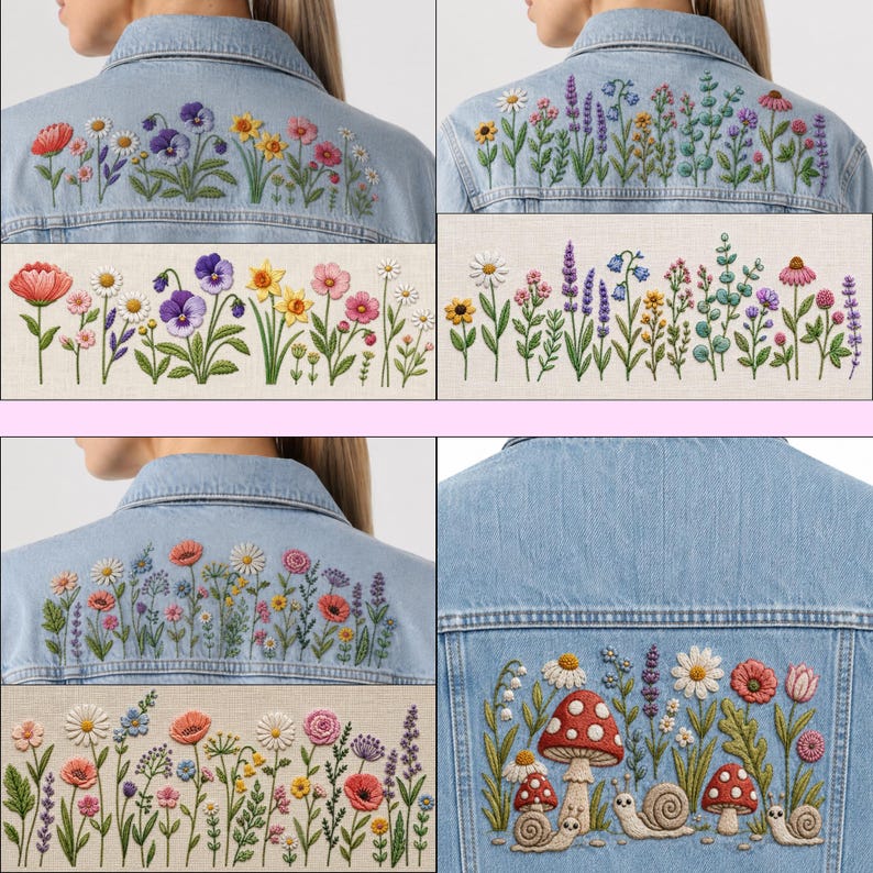 May include: A light blue denim jacket featuring four distinct embroidered panels. The designs showcase colourful wildflowers, including poppies, daisies, and lavender, alongside a scene with red-spotted mushrooms and two snails on the back.