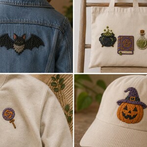 May include: A collection of apparel and accessories featuring embroidered designs: a blue denim jacket with a bat, a cream tote bag with a cauldron, book, and potion, a cream sweatshirt with a lollipop, and a cream baseball cap with a pumpkin.