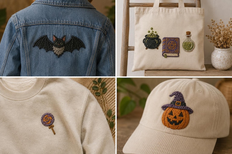 May include: A collection of apparel and accessories featuring embroidered designs: a blue denim jacket with a bat, a cream tote bag with a cauldron, book, and potion, a cream sweatshirt with a lollipop, and a cream baseball cap with a pumpkin.