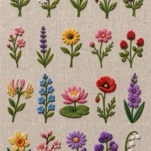 May include: A collection of colorful embroidered flowers, including daisies, poppies, and lavender, on a neutral fabric background. The detailed needlework showcases various floral designs with green stems and leaves. The flowers are in shades of blue, red, pink, yellow, and purple.