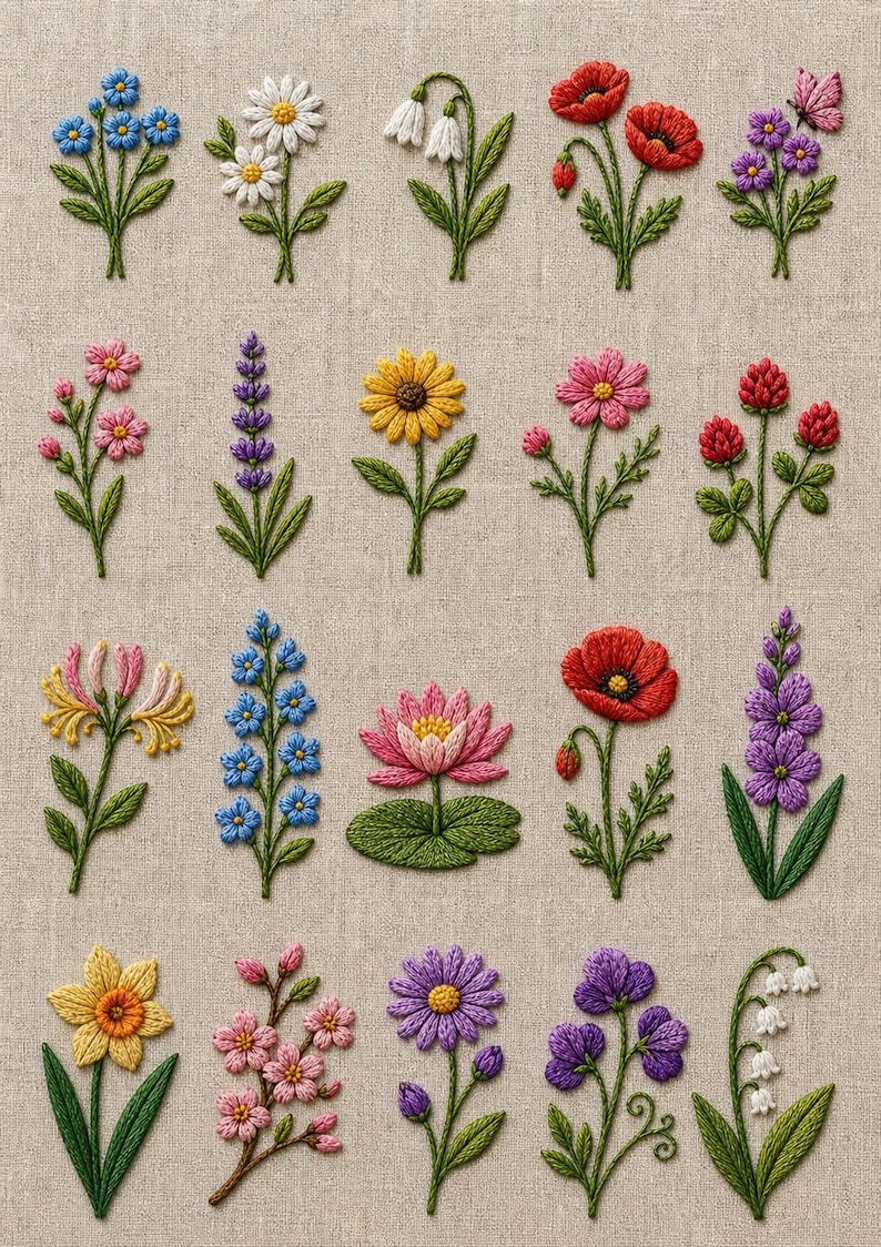 May include: A collection of colorful embroidered flowers, including daisies, poppies, and lavender, on a neutral fabric background. The detailed needlework showcases various floral designs with green stems and leaves. The flowers are in shades of blue, red, pink, yellow, and purple.