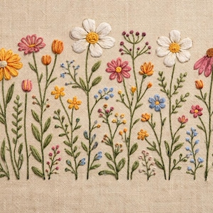 May include: Embroidered floral design featuring a variety of colorful flowers, including daisies, tulips, and smaller blossoms, in shades of yellow, pink, white, and blue. The flowers are set against a neutral linen background.