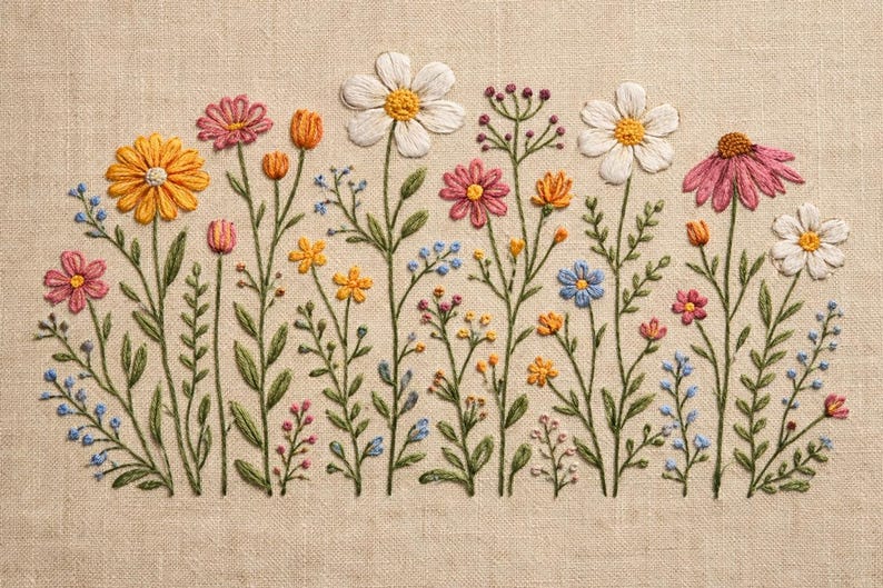 May include: Embroidered floral design featuring a variety of colorful flowers, including daisies, tulips, and smaller blossoms, in shades of yellow, pink, white, and blue. The flowers are set against a neutral linen background.