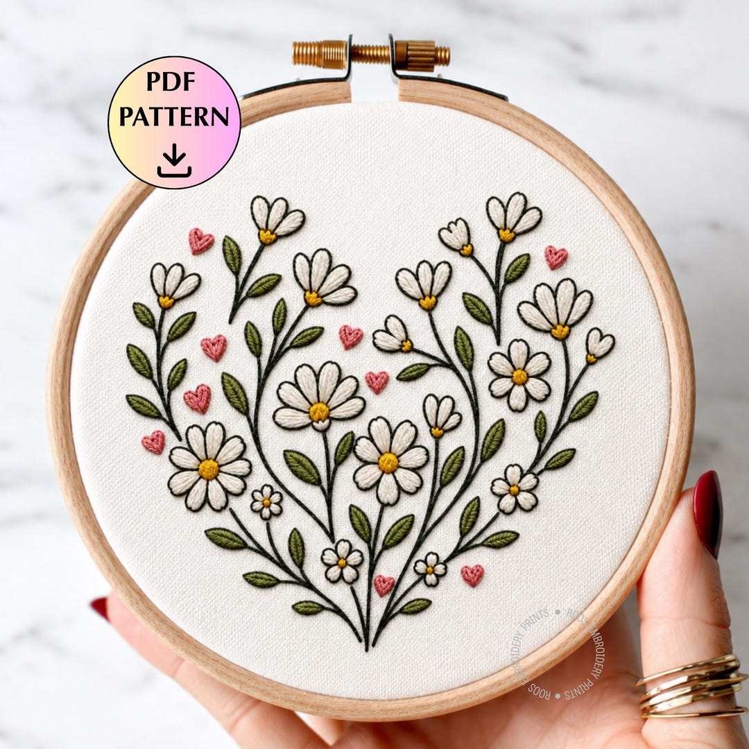 Floral Heart Hand Embroidery Pattern, Botanical Floral Hoop Design ...