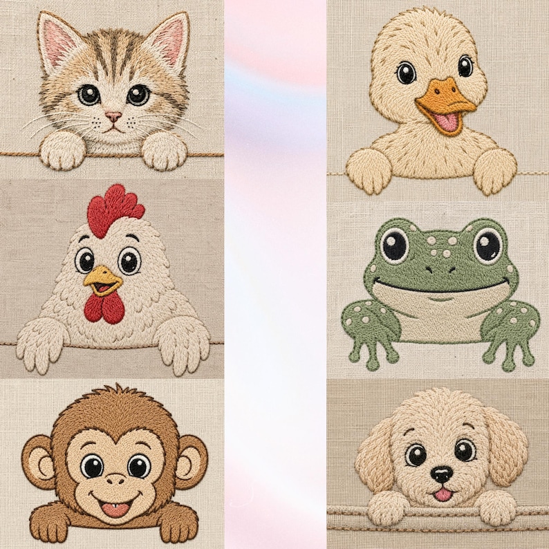 Peut inclure: Une collection de six portraits d'animaux brod&eacute;s sur un fond en tissu beige clair, repr&eacute;sentant un chaton tigr&eacute;, un caneton jaune, une poule blanche &agrave; cr&ecirc;te rouge, une grenouille verte, un singe brun et un chiot brun clair, tous au-dessus d'un rebord.