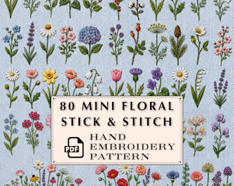 80 Mini Wildflower Hand Embroidery Pattern, Botanical Line Art PDF, Beginner DIY Floral Stick & Stitch, Small Floral Embroidery Template