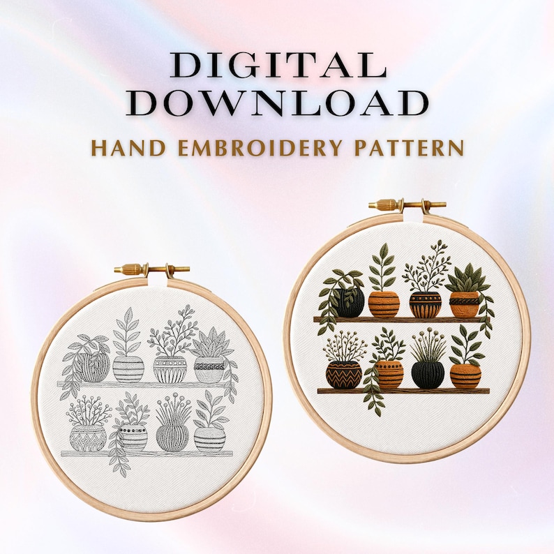 Plant Shelf Hand Embroidery Pattern PDF | Houseplant Shelf Embroidery ...