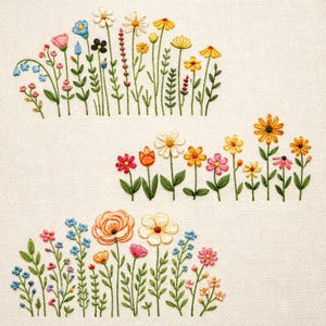 May include: Embroidered floral design featuring various colorful flowers, including daisies, tulips, and other wildflowers. The embroidery is done on a cream-colored fabric, with green stems and leaves. The flowers are in shades of pink, yellow, orange, and blue.