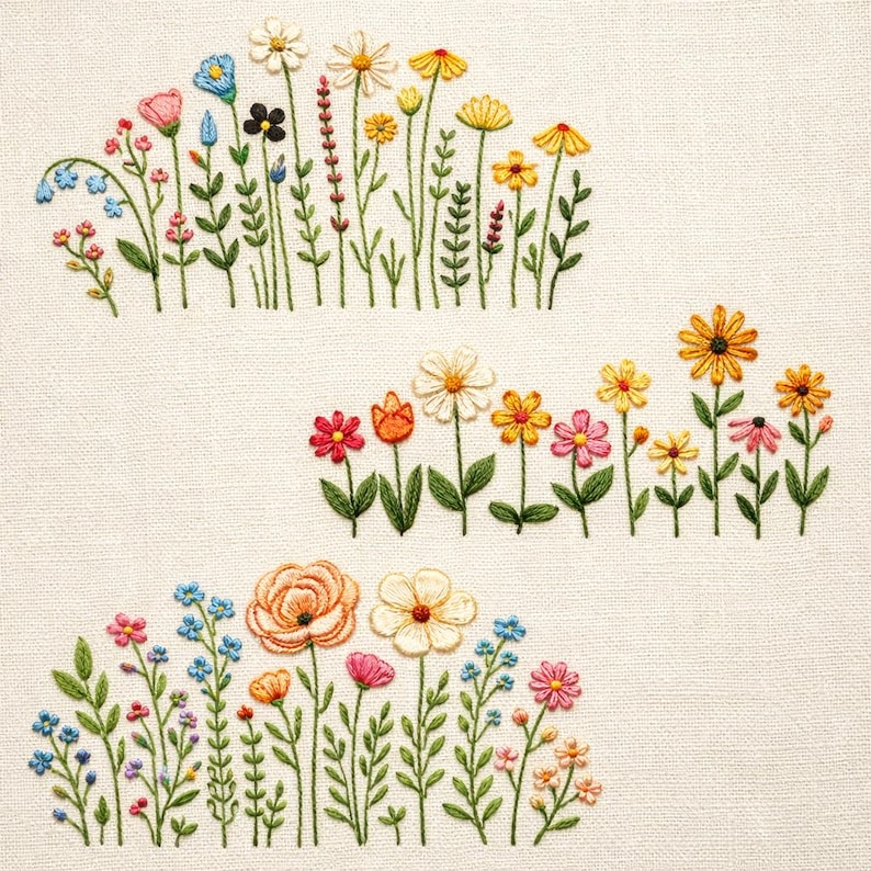 May include: Embroidered floral design featuring various colorful flowers, including daisies, tulips, and other wildflowers. The embroidery is done on a cream-colored fabric, with green stems and leaves. The flowers are in shades of pink, yellow, orange, and blue.