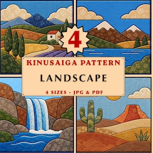May include: A digital collection of four Kinusaiga landscape patterns featuring mountains, a waterfall, and a desert scene with a cactus. The central text reads 4 KINUSAIGA PATTERN LANDSCAPE 4 SIZES - JPG & PDF, surrounded by black and white line art outlines.