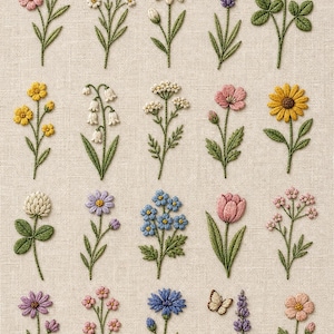 May include: Embroidered floral designs on a beige fabric background. The image features various flowers, including daisies, lavender, and clovers, each with detailed stitching and vibrant colors. The arrangement showcases a variety of botanical elements.