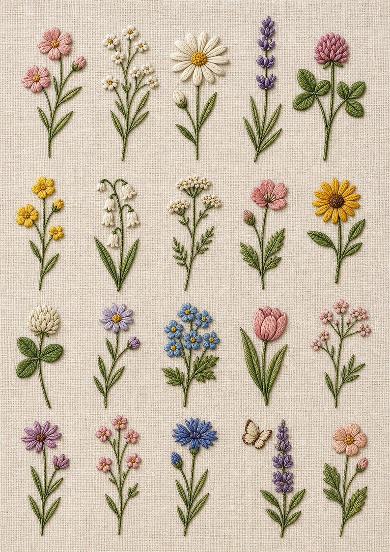 May include: Embroidered floral designs on a beige fabric background. The image features various flowers, including daisies, lavender, and clovers, each with detailed stitching and vibrant colors. The arrangement showcases a variety of botanical elements.