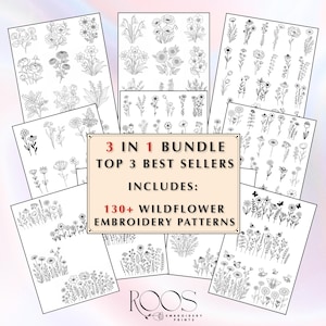 May include: A collection of black and white wildflower embroidery patterns. The image includes a bundle of designs with the text "3 in 1 Bundle Top 3 Best Sellers Includes: 130+ Wildflower Embroidery Patterns". The designs feature various floral and botanical illustrations.