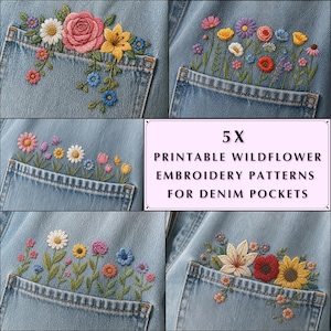 5 motifs de broderie à la main de fleurs sauvages imprimables pour poches en denim, PDF de conception de jeans botaniques, broderie florale adaptée aux débutants