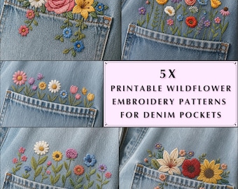 5 Printable Wildflower Hand Embroidery Patterns for Denim Pockets, Botanical Jeans Design PDF, Beginner Friendly Floral Stick & Stitch
