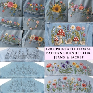 Peut inclure: Une collection de plus de 120 modèles de broderie florale imprimables pour jeans et vestes en jean. L'image présente divers motifs brodés colorés de fleurs et de champignons sur du denim bleu clair, ainsi que des modèles au trait noir.