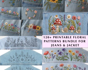 May include: A collection of 120+ printable floral embroidery patterns for denim jeans and jackets. The image displays various colorful embroidered flower and mushroom designs on light blue denim, alongside black line art pattern templates.