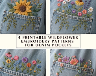 4 Printable Wildflower Hand Embroidery Patterns for Denim Pockets, Botanical Jeans Design PDF, Beginner Friendly Floral Stick & Stitch