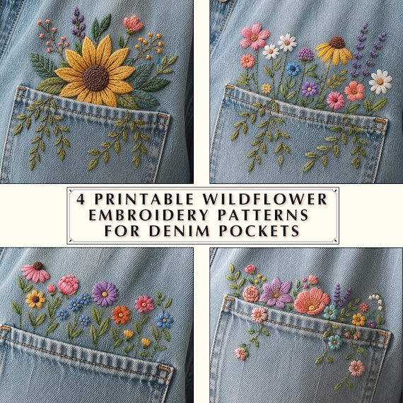 4 Printable Wildflower Hand Embroidery Patterns for Denim Pockets, Botanical Jeans Design PDF, Beginner Friendly Floral Stick & Stitch