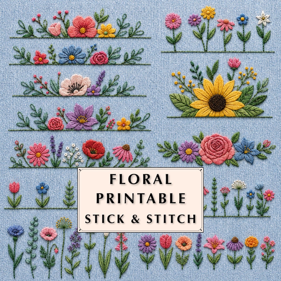 20+ Flower Printable Stick & Stitch Bundle, Floral Hand Embroidery ...