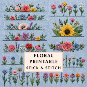 20+ utskrivbara blommor Stick & Stitch-paket, handbroderimönster med blommor, mini Stick and Stitch-mönster med vildblommor i PDF-format, kluster av blommiga kanter