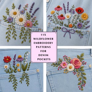 11 druckbare Wildblumen-Stickmuster für Jeanstaschen, botanisches Jeans-Design (PDF), anfängerfreundliche Stick-and-Stitch-Technik