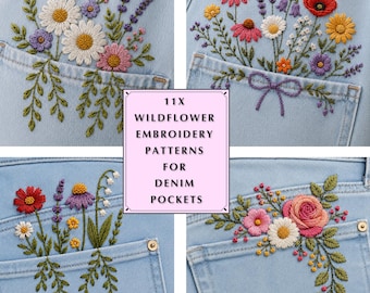 11 modèles de broderie à la main de fleurs sauvages à imprimer pour poches de jeans, motif botanique pour jeans (PDF), broderie florale facile à réaliser, idéale pour les débutants.