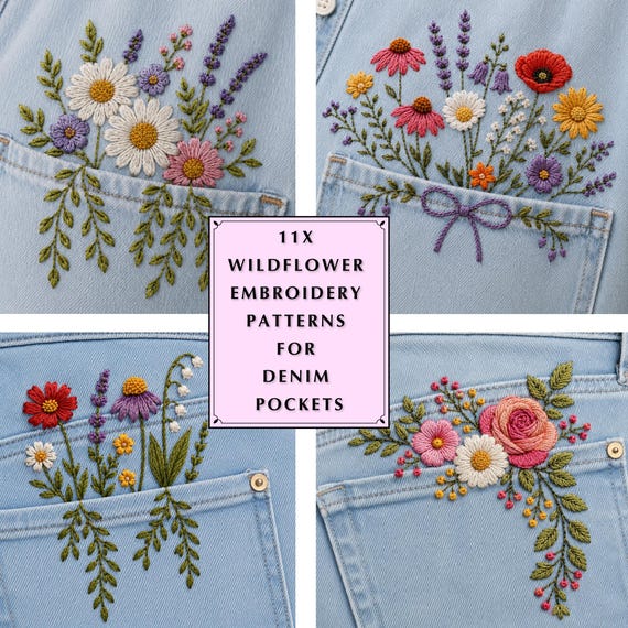 11 Printable Wildflower Hand Embroidery Patterns for Denim Pockets, Botanical Jeans Design PDF, Beginner Friendly Floral Stick & Stitch