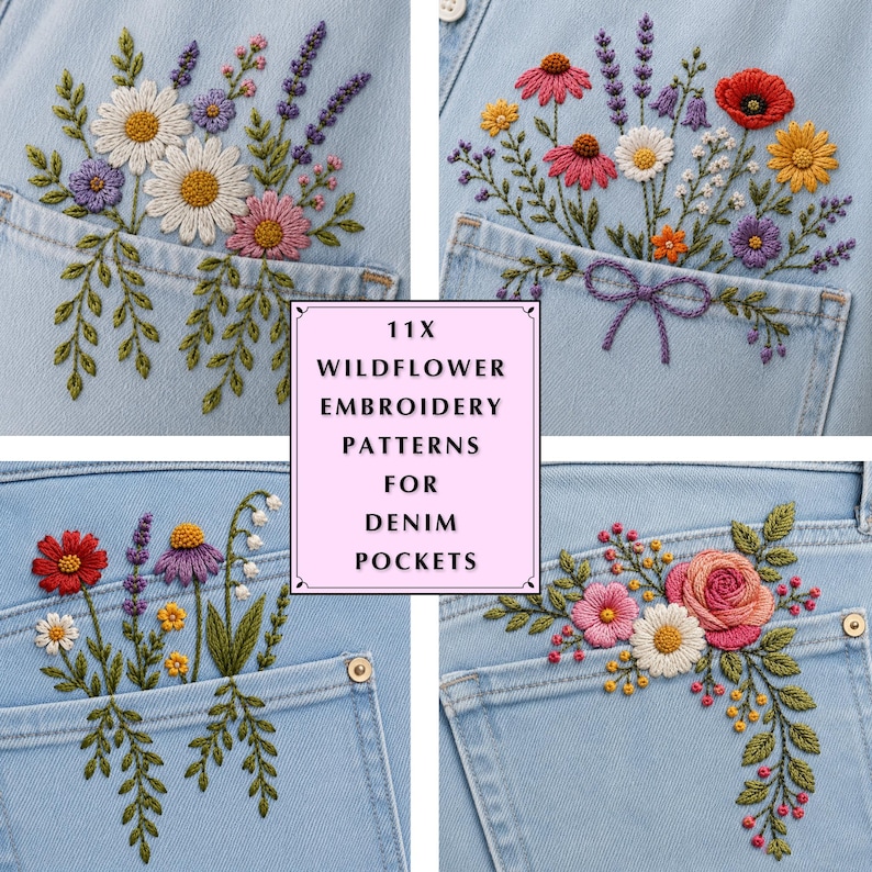 11 Printable Wildflower Hand Embroidery Patterns for Denim Pockets, Botanical Jeans Design PDF, Beginner Friendly Floral Stick & Stitch image 1