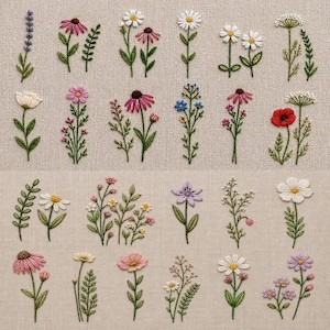 May include: A collection of embroidered flowers in various colors, including pink, white, purple, and yellow, on a beige fabric background. The floral designs feature detailed stitching, showcasing different flower types and green stems.