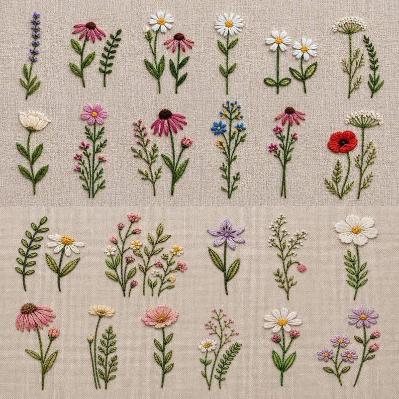 May include: A collection of embroidered flowers in various colors, including pink, white, purple, and yellow, on a beige fabric background. The floral designs feature detailed stitching, showcasing different flower types and green stems.