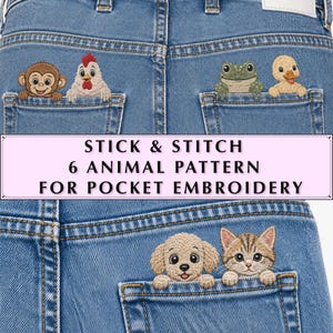 Stickmuster mit 6 Tieren für Jeanstaschen, Stickset für Jeans und Jeansjacke, DIY-Taschenmuster für Jeans, Stick-and-Stitch-Anleitung
