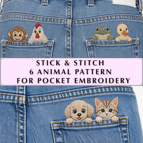 6 Animals Hand Embroidery Pattern for Denim Pockets, Embroidery for Denim Jeans & Jacket Bundle, DIY Denim Pockets Pattern, Stick and Stitch