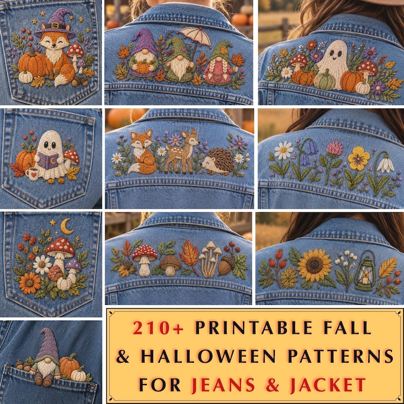 May include: A collection of blue denim jackets and pockets featuring intricate embroidery designs of foxes, gnomes, ghosts, mushrooms, flowers, and autumn foliage. The image includes text that reads 210+ PRINTABLE FALL & HALLOWEEN PATTERNS FOR JEANS & JACKET.